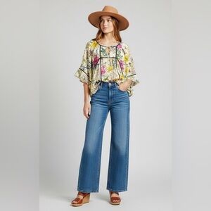 H&M Floral‎ Print Tunic Top Black Trim Tie Neck Bohemian Blouse Size 10